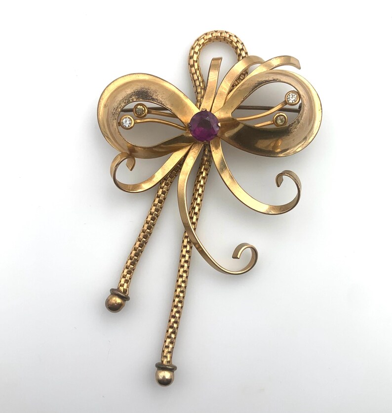 Vintage AREGEL 12k Gold Filled Bow Dangle Brooch with Amethyst Glass Stone image 9