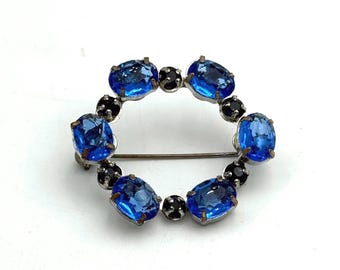 Vintage Blue Czech Glass Circle Brooch