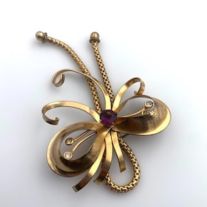 Vintage AREGEL 12k Gold Filled Bow Dangle Brooch with Amethyst Glass Stone image 5