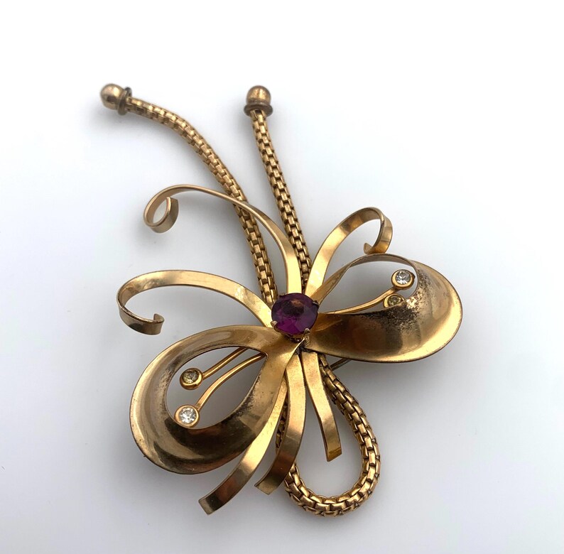Vintage AREGEL 12k Gold Filled Bow Dangle Brooch with Amethyst Glass Stone image 5