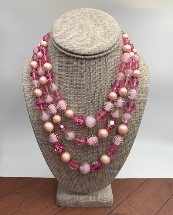 Vintage Pink Three Strand Beaded Necklace - image 2