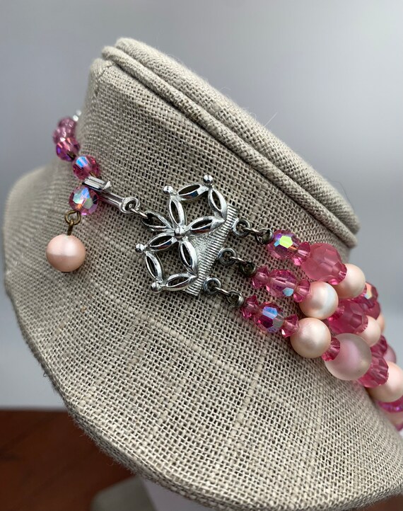 Vintage Pink Three Strand Beaded Necklace - image 4
