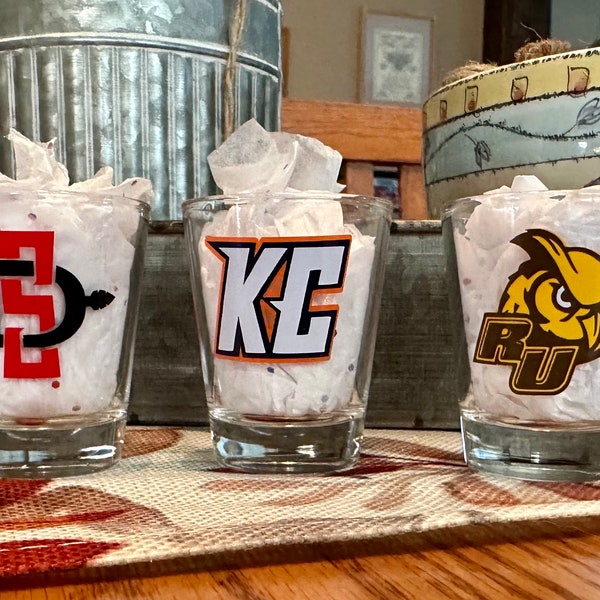 COLLEGE 1.5oz LOGO SHOT Glass, Graduation gift, College Merch,college gift,college shot glass, shot glass, college logo glass, custom gift