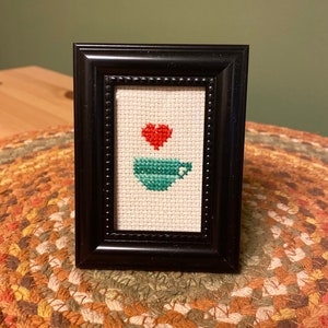 Framed Mug & Heart Cross Stitch: Coffee Tea Decor
