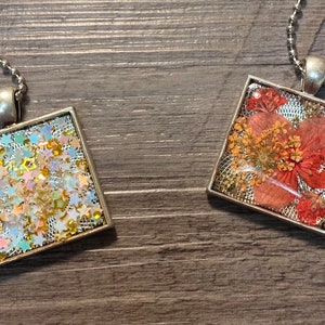 Handmade Resin Pendant Necklace: Dried Flowers or Glitter, 26” Chain