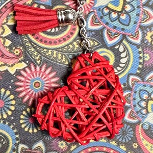 RED RATTAN HEART & Tassel keychain, Valentine’s Day, heart gift, vday gift, gift of love, heart Keychain, heart
