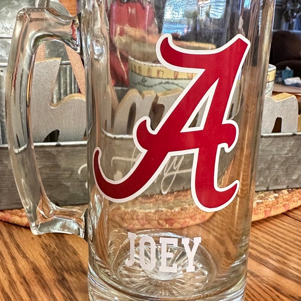 CUSTOM GLASS BEER 16oz or 26oz Stein, College Merch, college gift, college mug, custom college, glass mug, college logo, beer mug, beer