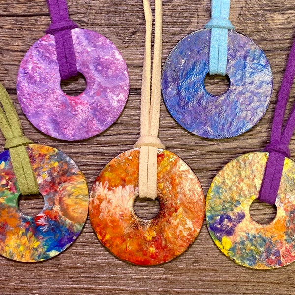 MULTI COLOR Painted Metal Washer Pendants on 24”vegan suede cord, paint, washer necklace, handmade, Metal washer, unique jewelry