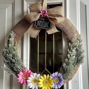 Burlap Wrapped Floral Wreath: Handmade Welcome Spring Decor (15 inch)