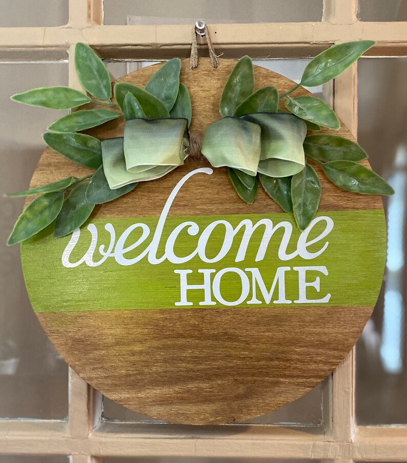 HOME 12 Round Front Door Wood Sign With Greenery Etsy