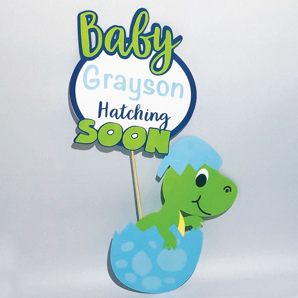 Custom Baby Hatching Soon Baby Shower Dinosaur card stock sign.