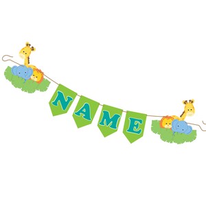 Safari Jungle Nom personnalisé Bannière pour l’anniversaire ou la douche de bébé. Bannière de stock de carte de couleur avec le vert et la sarcelle
