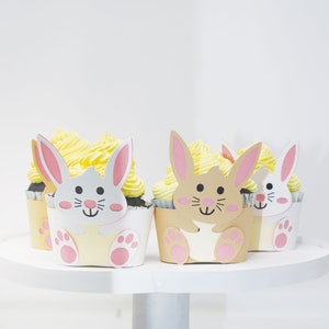 Emballages de cupcakes Bunny, papier cartonné blanc et brun clair. Pour Pâques, Baby shower ou anniversaire des enfants.