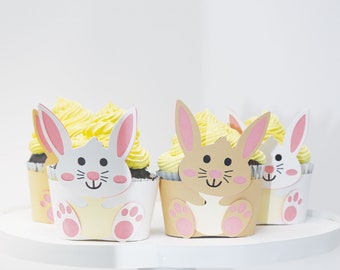 Bunny cupcake wrappers, white and light brown cardstock paper. For Easter, Baby shower or kids birthday.