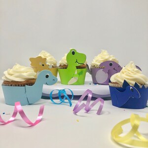 Dino cupcake set cardstock wrappers, Long Neck Brachiosaurus, Triceratops, Stegosaurus, Pterodactyl, T-Rex. For Baby shower or kids party.