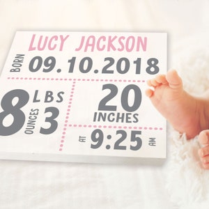 Individuelles Baby Mädchen Ankündigungsschild fürs Kinderzimmer.  Geburtsdatum, Gewicht, Zoll, Zeit geboren.  Handbemalter weißer Sockel mit rosa und grauem Vinyl