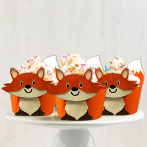 Emballages à cupcakes renard, papier cartonné orange, beige, marron et noir de renard des bois. Pour la douche de bébé ou l'anniversaire des enfants.