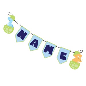 Bannière de nom personnalisé de dinosaure pour l’anniversaire ou la baby shower. Bannière de carton couleur avec bleu, vert et orange