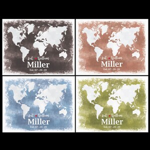 Aangepaste bruiloft aquarel kaart bruids gastenboek. Digitale print wereldkaart voor reizende koppels. Namen van bruid en bruidegom en trouwdatum