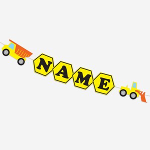 Bannière de nom personnalisé de zone de construction pour l’anniversaire ou la douche de bébé. Bannière de stock de carte de couleur avec le jaune, le noir et l’orange