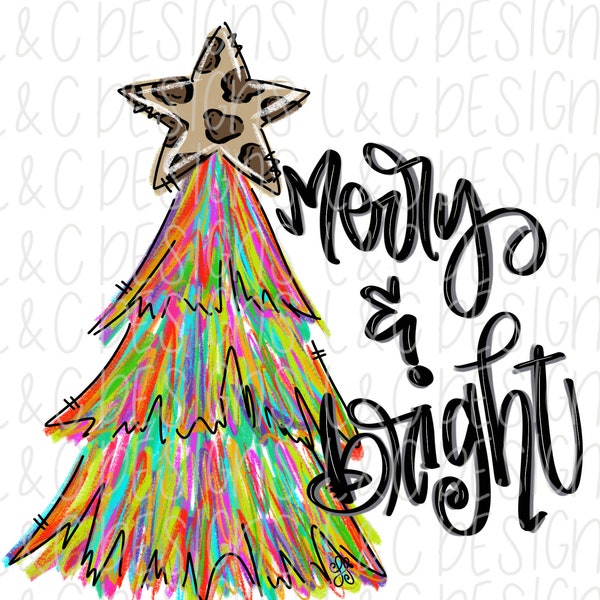 Christmas Sublimation Design | Hand Drawn | PNG Digital Download | Multicolored Christmas Tree | Leopard Print |Merry and Bright