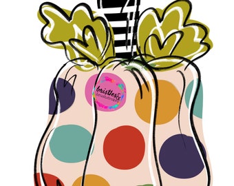 Pode incluir: Uma ilustração desenhada à mão de uma abóbora com um padrão de bolinhas em tons de vermelho, laranja, amarelo, verde, azul e roxo. A abóbora tem um caule listrado preto e branco e é cercada por folhas verdes.