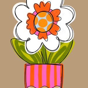 May include: A white flower with an orange center and pink accents is in a pink and orange striped pot with white polka dots. The pot has a black base.