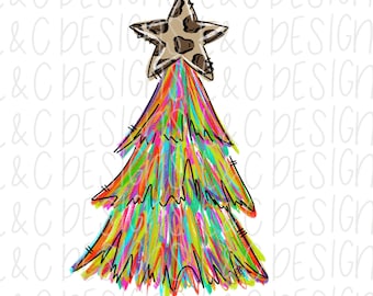 Weihnachten Sublimation Design | Handgezeichnet | PNG Digitaler Download | Mehrfarbiger Weihnachtsbaum | Leopardenmuster