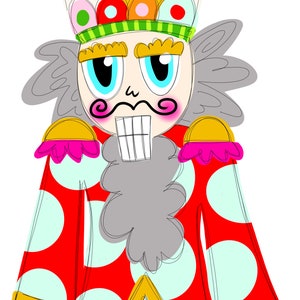 Puede incluir: Ilustración caprichosa de un soldado cascanueces. El cascanueces tiene una cara color crema con ojos azules, un bigote negro y una barba gris. Lleva un abrigo rojo con lunares blancos y un sombrero alto con lunares amarillos. El texto "Kristies & Brushstrokes" es visible.