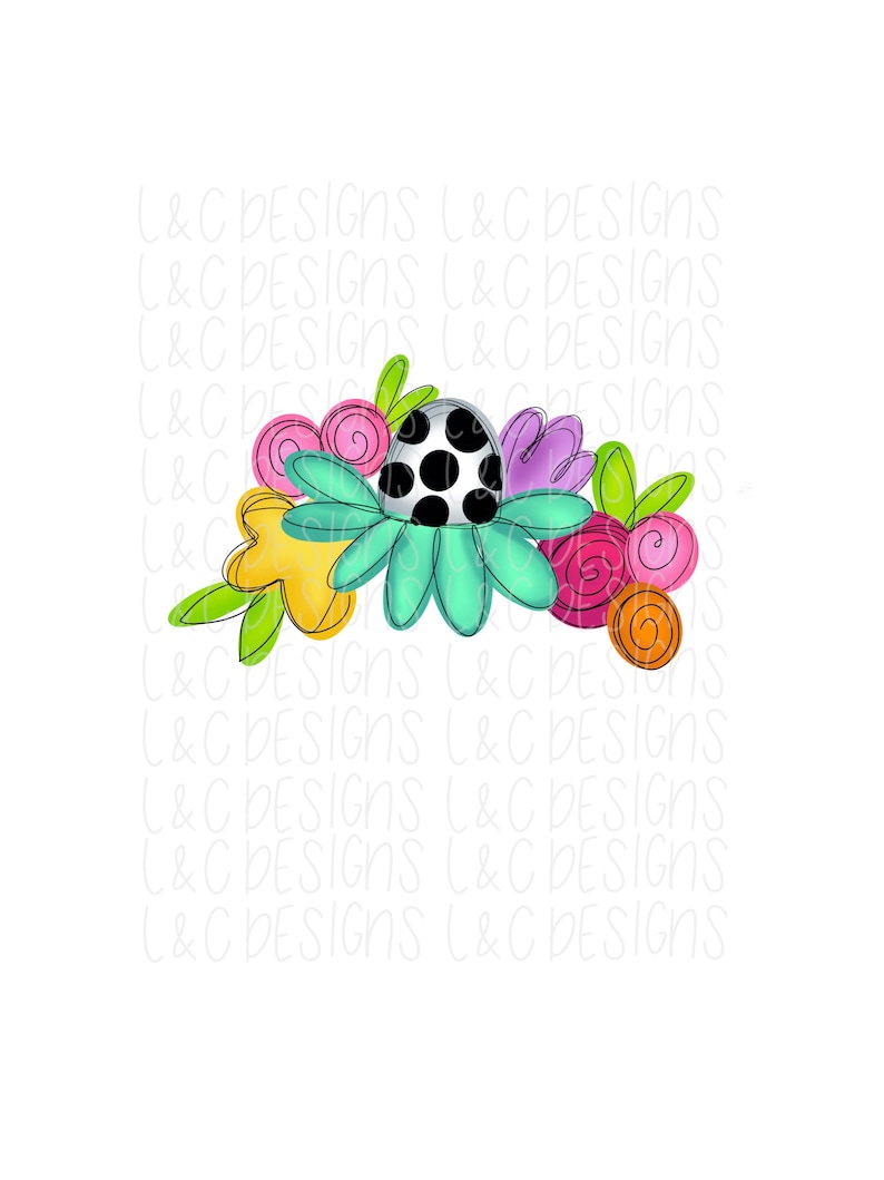 K&ouml;nnte beinhalten: Eine digitale Illustration eines Blumenstrau&szlig;es mit einem gepunkteten Ei in der Mitte. Die Blumen sind in den Farben Rosa, Lila, Gelb, Orange und Gr&uuml;n.