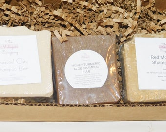 Rhassoul Clay, Red Moroccan Clay, and Honey Turmeric Aloe Shampoo Bar Box Set | 3 Shampoo Bars Soap Box Set | Shampoo Bars Box Set