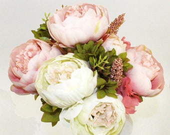 Cream and Blush Color 8 Head Silk Rose Peony Open Cabbage Bush Artificial Bouquet Bundle Flower Decor Wedding Home Office Bridal