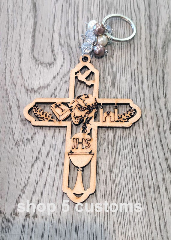 12 Jesus Cross Baptism Wood Keychain 