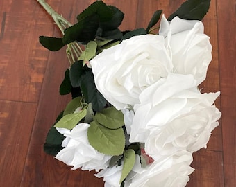 Pure White Rose 9 Head Bouquet Artificial Silk Flower Bush For DIY Arrangement Home Decor Wedding Party Celebration Office