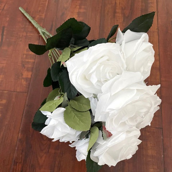 Pure White Rose 9 Head Bouquet Artificial Silk Flower Bush For DIY Arrangement Home Decor Wedding Party Celebration Office
