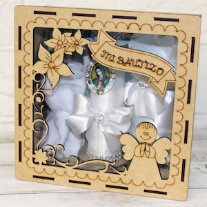 Madera Guadalupe Vela Blanca Set 5pc Caja de Recuerdos Bautismo Comunión Bautizo, Hecho a mano, Vela de Bautizo, Ceremonia RECUERDOS VIRGENCITA