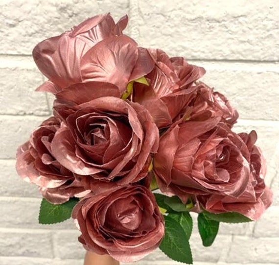 Rose Gold Foil Shiny Bulb 10 Head Style Silk Rose Open Bush Artificial  Bouquet Bundle Flower Wedding Home Office Bridal Design DIY Floral 