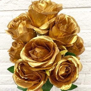 Gold Foil Shiny Bulb 10 Head Style Silk Rose Open Bush Artificial Bouquet Bundle Flower Wedding Home Office Bridal Design DIY Floral