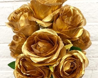 Hoja de oro Bombilla brillante 10 Cabeza Estilo Seda Rosa Arbusto abierto Ramo artificial Paquete Flor Boda Oficina en casa Diseño nupcial DIY Floral