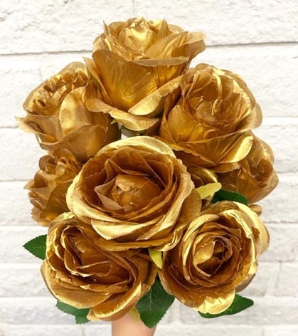 Gold Foil Shiny Bulb 10 Head Style Silk Rose Open Bush Artificial Bouquet  Bundle Flower Wedding Home Office Bridal Design DIY Floral