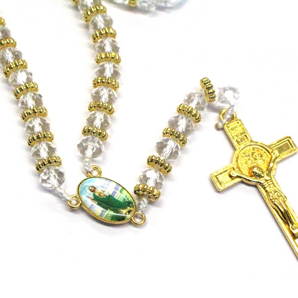 Or Blanc St Jude Saint Strass et Croix Rosaire Crucifix Rosario Jésus Prière Perle Collier Protection Favor Boîte Cadeau