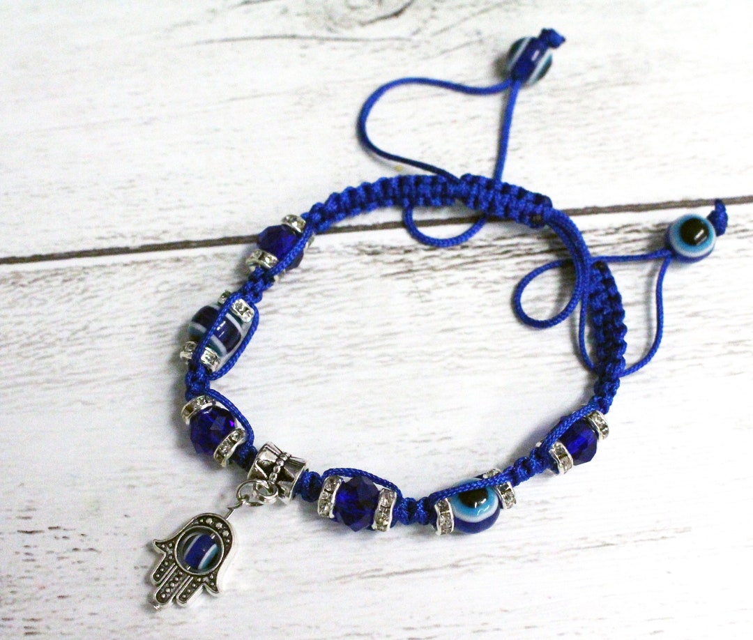 Blue Evil Eye Hand Bracelet Adjustable Pulsera Rhinestone Bling Beaded