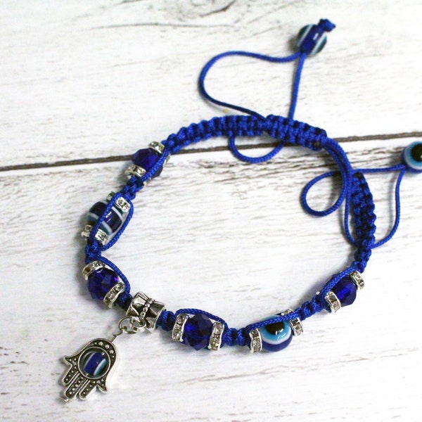 Blue Evil Eye Hand Bracelet Adjustable Pulsera Rhinestone Bling Beaded Lucky Charm