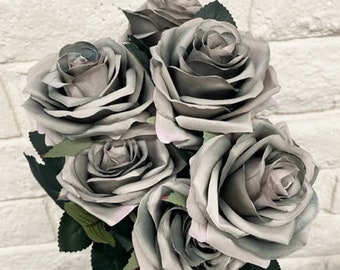 Grey Slate Midnight Rose 9 Head Bouquet Artificial Silk Flower Bush For DIY Arrangement Home Decor Wedding Party Celebration Office