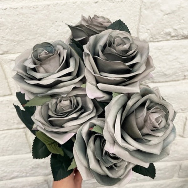 Grey Slate Midnight Rose 9 Head Bouquet Artificial Silk Flower Bush For DIY Arrangement Home Decor Wedding Party Celebration Office