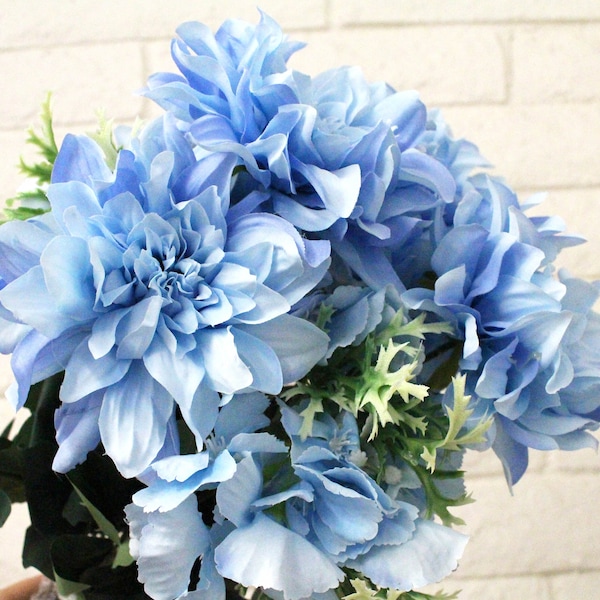 Light Blue Mix Flower Artificial Flowers Silk Hydrangea Bouquet for Wedding Room Home Office Floral Decor Fake Bush Craft Party