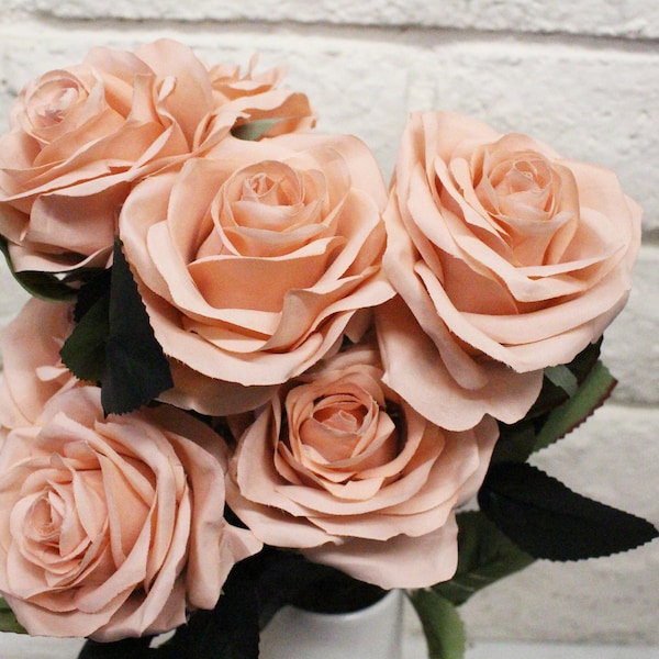 Champagne Peach Pink Rose Bouquet Artificial Silk Flower 10 Heads Bush For DIY Arrangement Home Decor Wedding Party Celebration