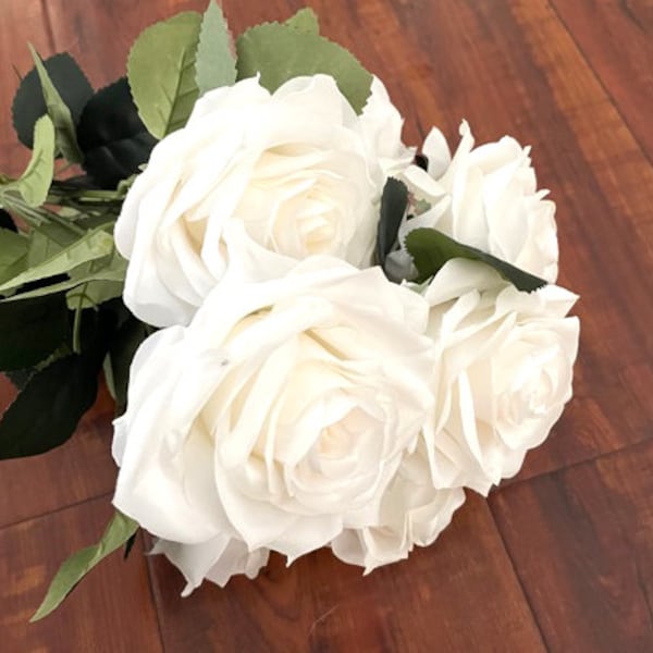 Ivory Rose 9 Head Bouquet Artificial Silk Flower Bush For DIY Arrangement Home Decor Wedding Party Celebration Office