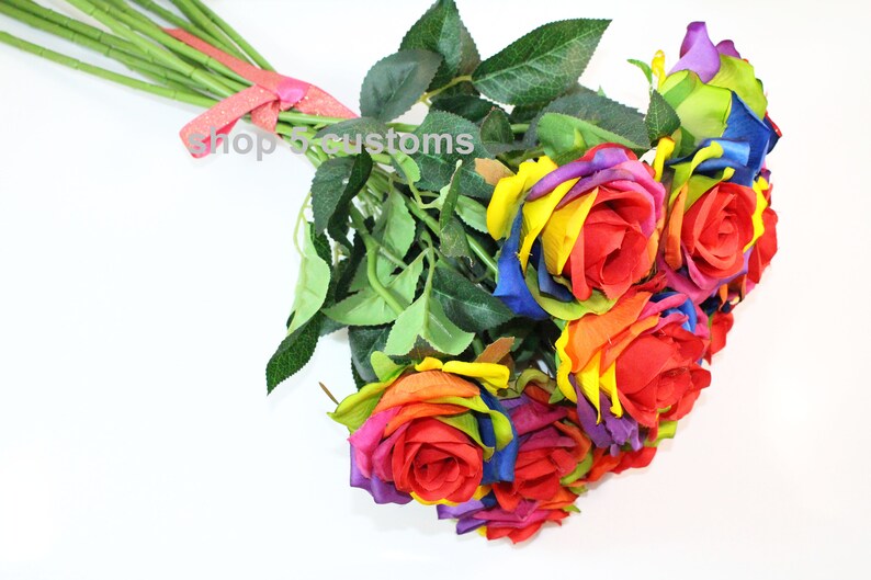 12 Stem Artificial Silk Rainbow Rose Flower Bush Bouquet for Etsy