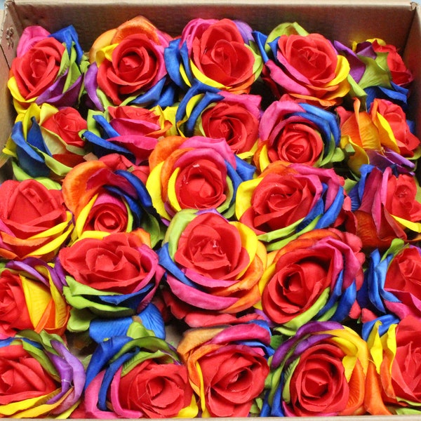 25 Rainbow Rose Heads Artificial Silk Flower Box Bush Bouquet For DIY any Arrangement Home Decor Wedding Party Celebration